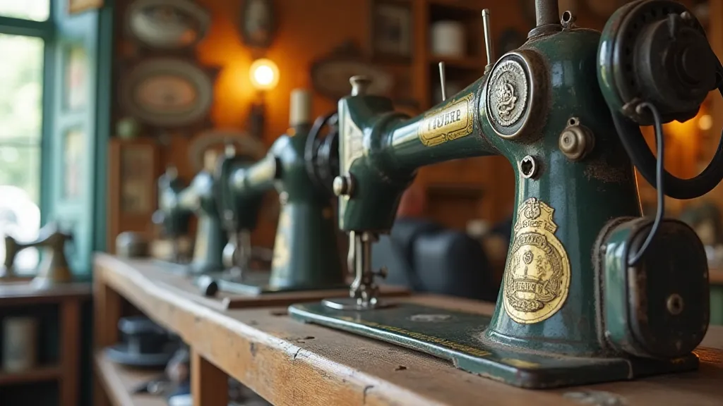 Vintage sewing machine collection in a shop