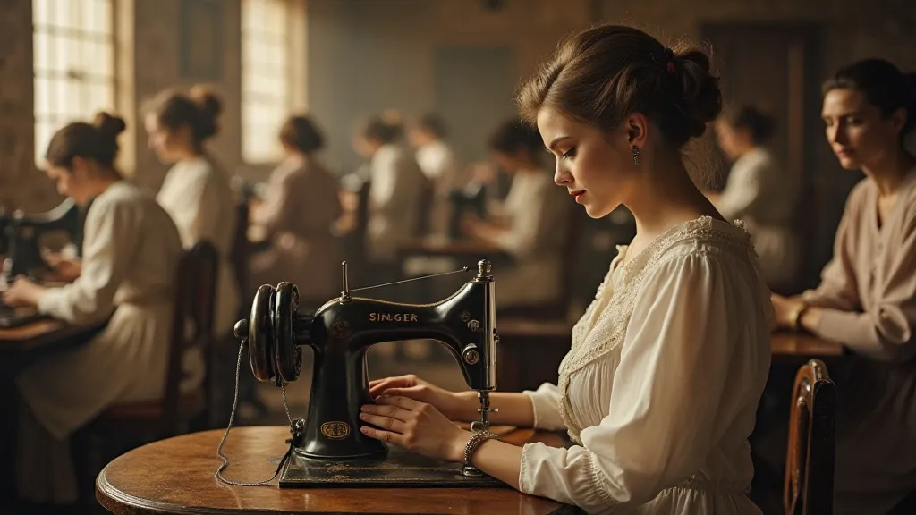 Woman Operating a Singer Black Patent Sewing Machine