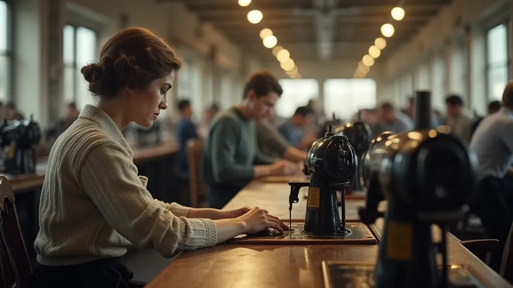 Woman operating Singer sewing machine in a factory